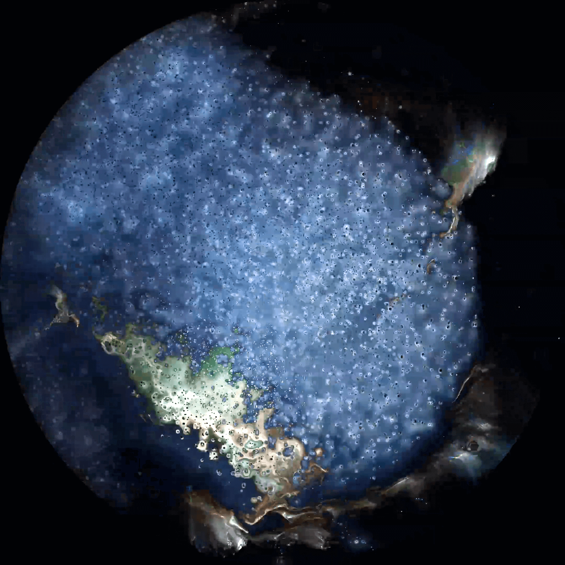 Abstract visualization from DROWNING featuring layered digital textures, ocean-inspired forms, and responsive lighting in an immersive dome format.